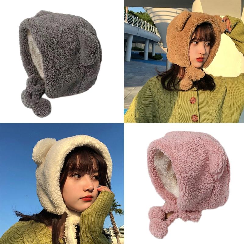 

Women Winter Thicken Plush Warm Earflap Hat Cute Bear Ears Windproof Beanie Cap with Pompom Chin Strap Ear Warmer, White