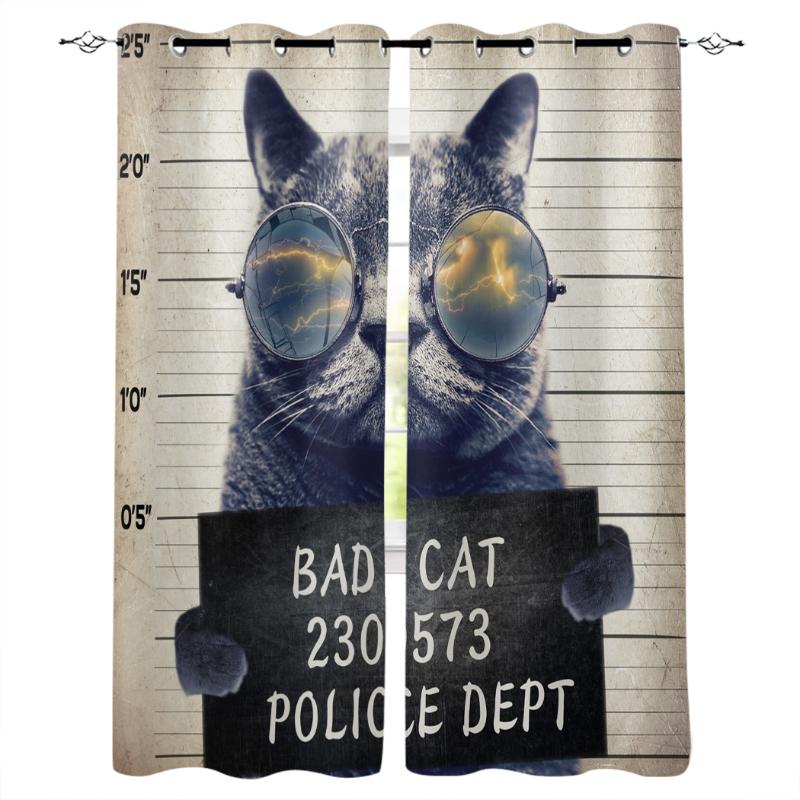 

Retro Bad Cat British Bobtail Room Curtains Large Window Living Room Indoor Curtain Window Draperies Kids Home Decor, As pic