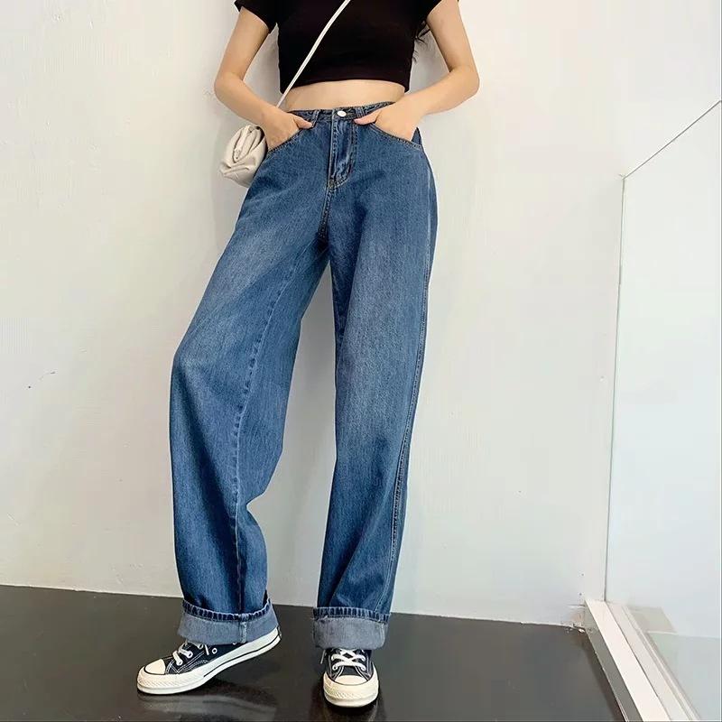 

2020 New Arrivals Woman Autumn High Waist Ladies Jeans Solid Loose Bleached High Street Denim Stright Pants, Blue