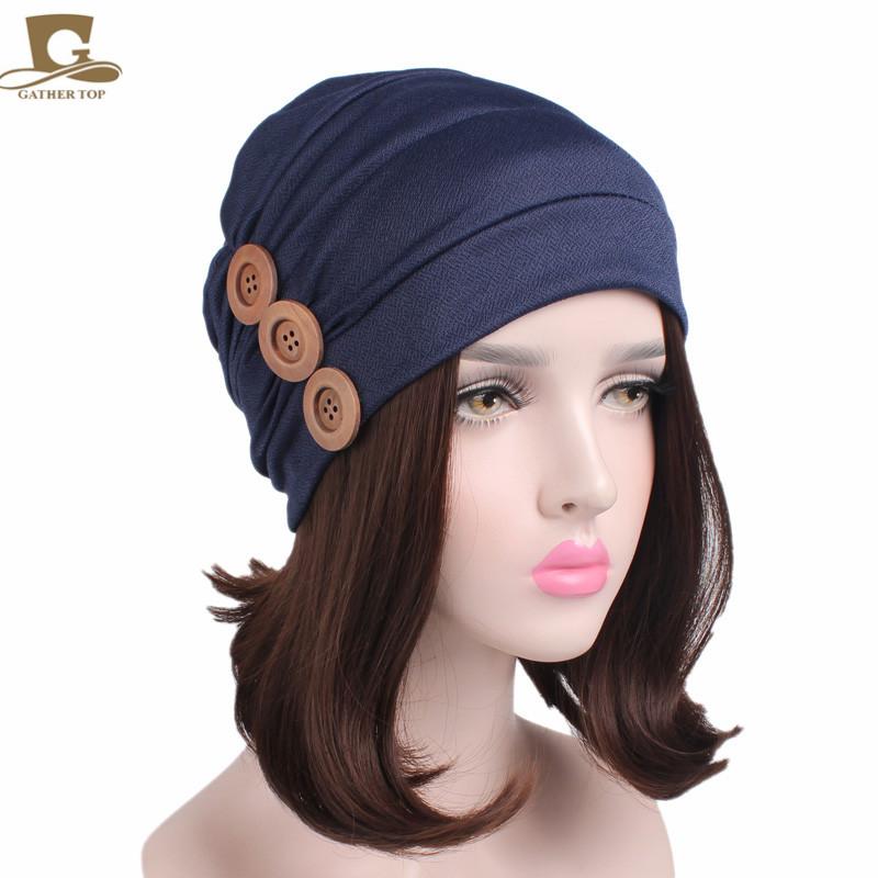 

New Womens soft chemo Cap Sleep Turban Hat Liner for Cancer Hair Loss three wood button, Black