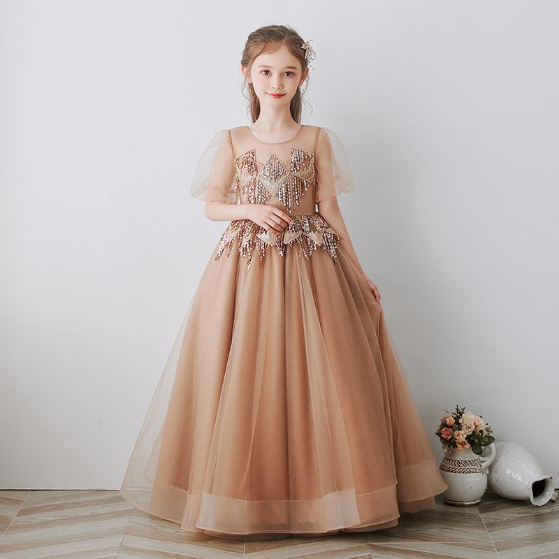 

Flower Girls Dresses Princess O-Neck Sequined Ruched Ball Gown Floor-Length Luxury Tulle Tiered Embroidery Kids Party Dress D248, Khaki