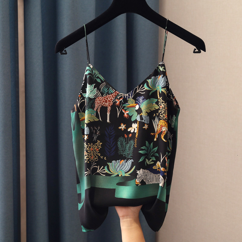 

2021 New Summer Camis Chic Vintage Print Satin Material Tops Sexy Strap Plus Size Boho Women V-neck Tank Top Female Bmq8, Green