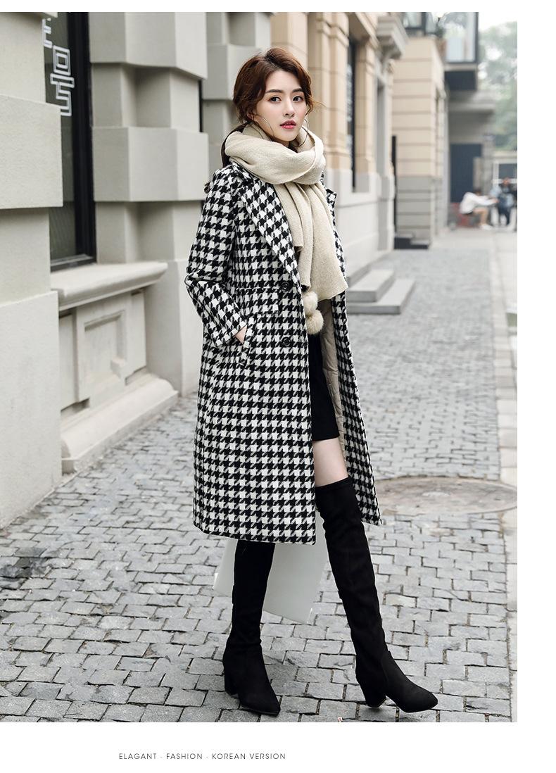 

Loose Plaid Long Wool Blend Ladies Coat Double Breasted Warm Women's Jacket Full Sleeve Korean Womens Fashion Coat, Black