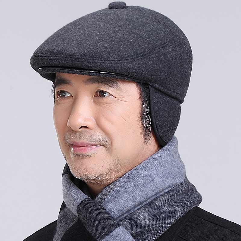 

Warm Winter Hats with Ear Flap Men Retro Beret Caps Solid Gray Wool Felt Hats Men Thick Forward Flat Ivy Cap chapeau Bonnet, Blue;gray