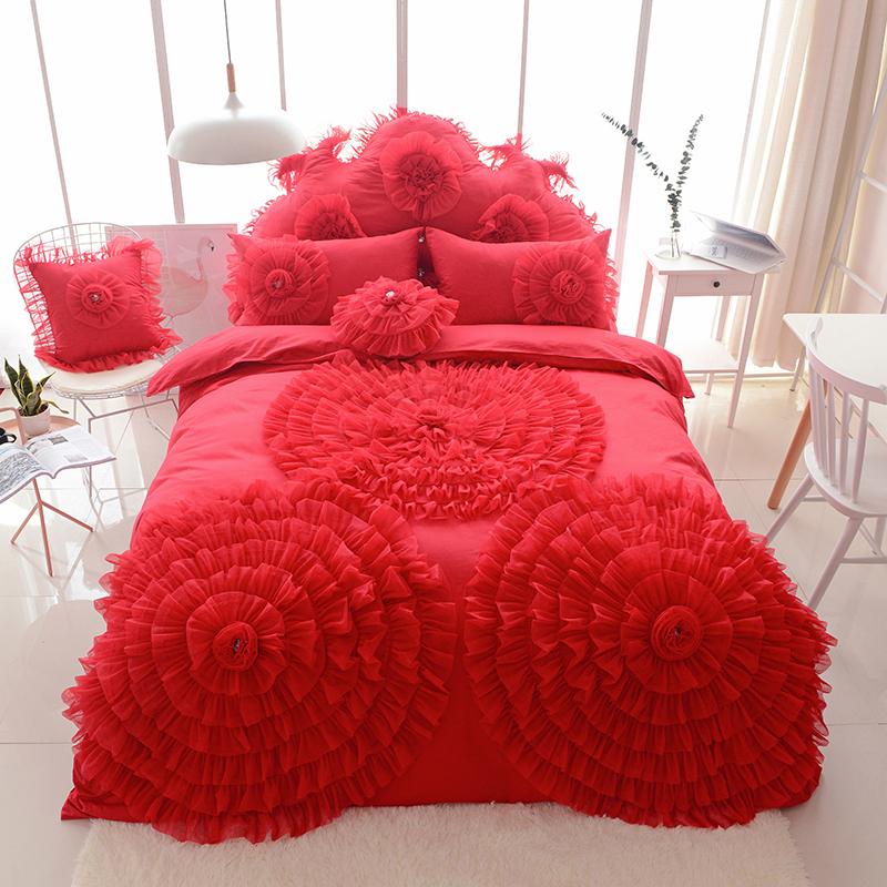 

100%Cotton luxury wedding Bedding Set Hand fold eternal love Duvet cover set Bedskirt Pillowcase  Queen King size 3/4/6/8Pcs, Yef2