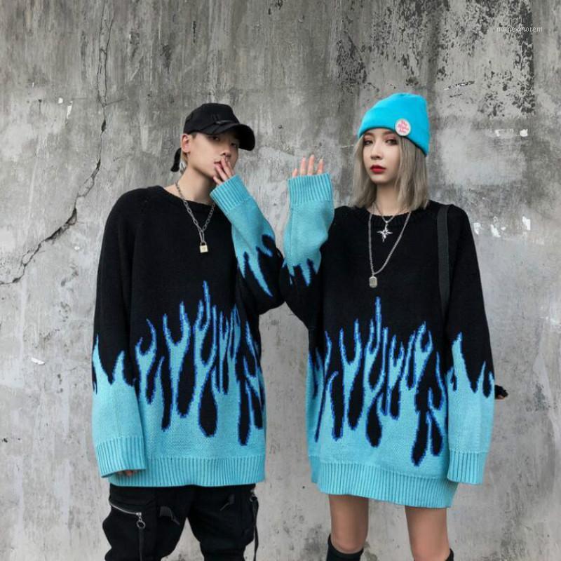 

Korean Couple Loose Knit Flame Hip-hop Streetwear O-neck Pullover1, Black