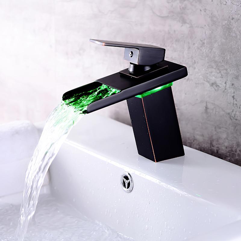 

Bathroom Waterfall Led Faucet Glass Waterfall Black Brass Basin Faucet ORB Bathroom Mixer Tap Deck Mounted Basin Tap