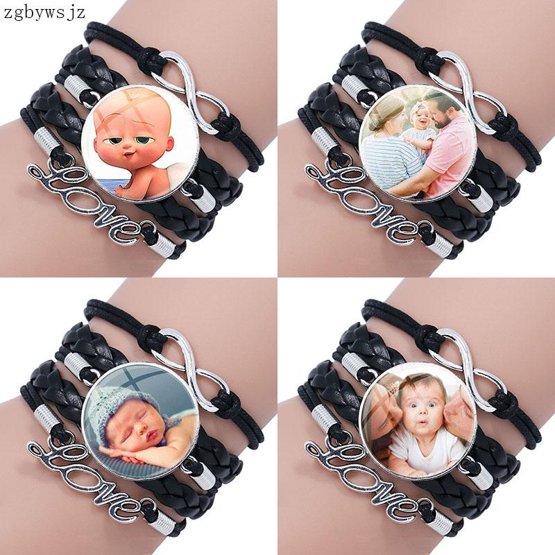 

Baby Family Photo For Women Choker Antique Vintage Glass Multilayer Black Leather Bracelet Bangle Women Jewelry