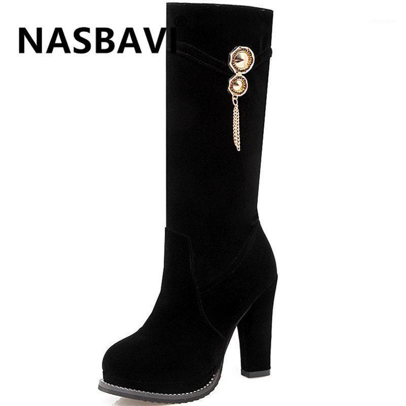 

Boots NASBAVI Fashion Suede Contracted Europe And America British Style Zipper High Heel Metal Decorative Tassel Winter Boots1, Black