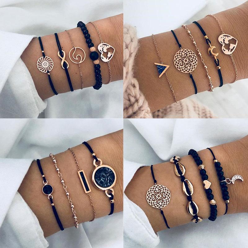 

DAXI Bohemian Black Beads Chain Bracelets Bangles For Women Fashion Heart Compass Gold Color Chain Bracelets Sets Jewelry Gifts