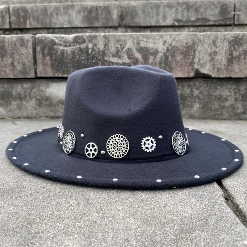 

Handmade Steampunk Wool Women Men's Fedora Hat Acrylic Gems Wide Brim Jazz Cap Vintage Panama Sun Top Hat1, Black