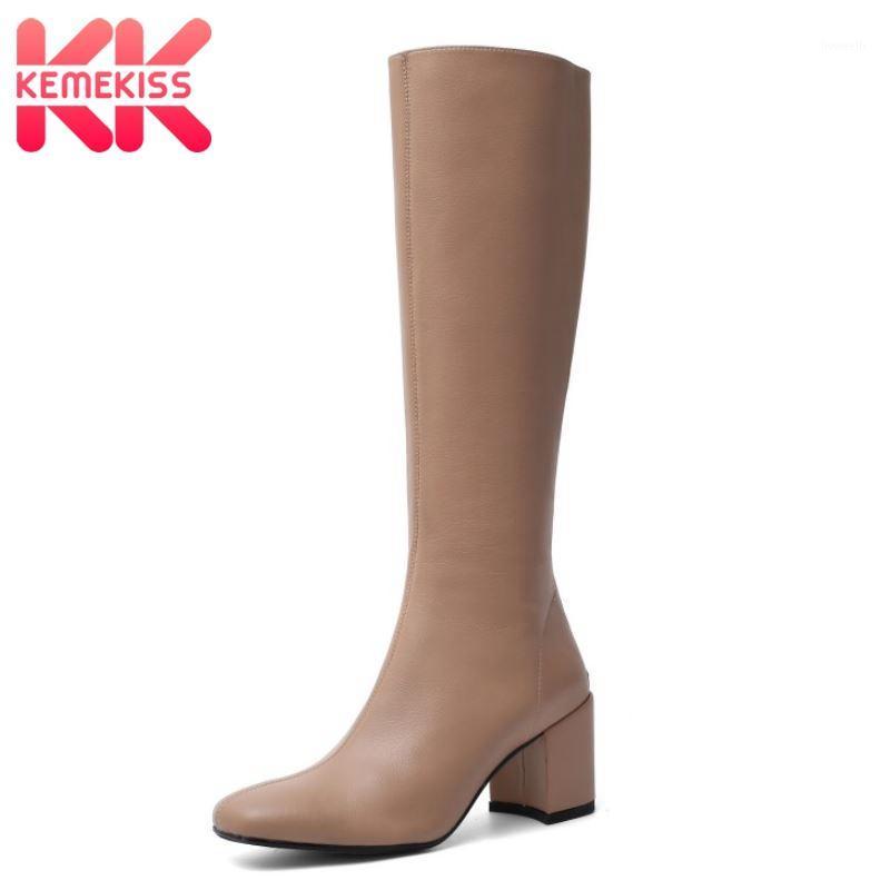 

KemeKiss Women High Heel Boots Real Leather Square Heel Woman Knee High Boots Fashion Winter Shoes Woman Footwear Size 34-401, Black