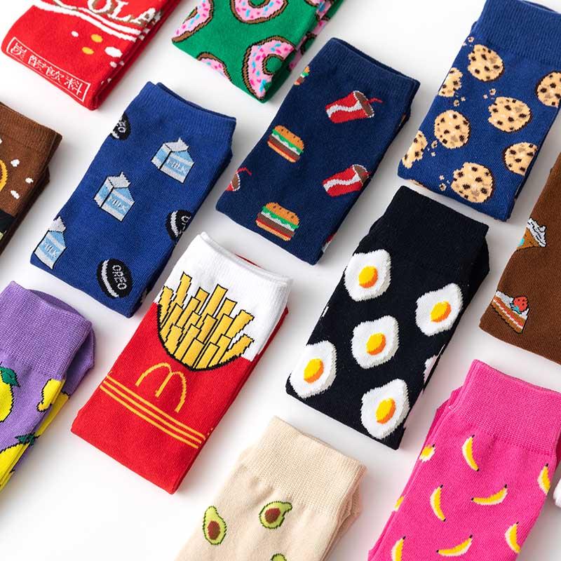 

Women Socks Funny Cute Cartoon Fruits Banana Avocado Lemon Egg Cookie Donuts Happy Japanese Harajuku skateboard Socks, C1