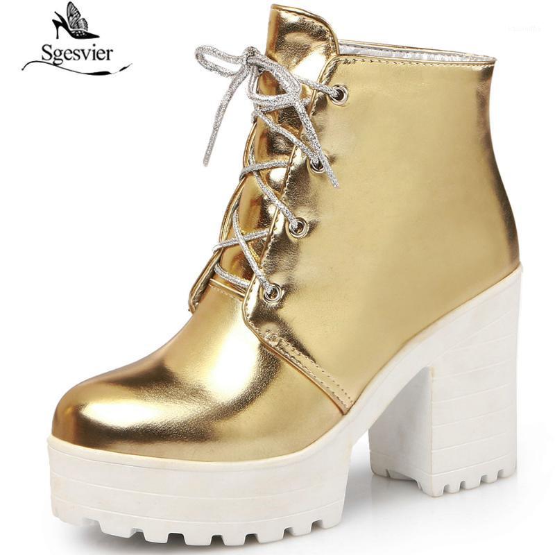 

Sgesvier Autumn Lace Up Cross Strap Block Heel Ankle Short Motorcycle Boots Big Size 33-44 Women Platform Round Toe Shoes B8321, Gold
