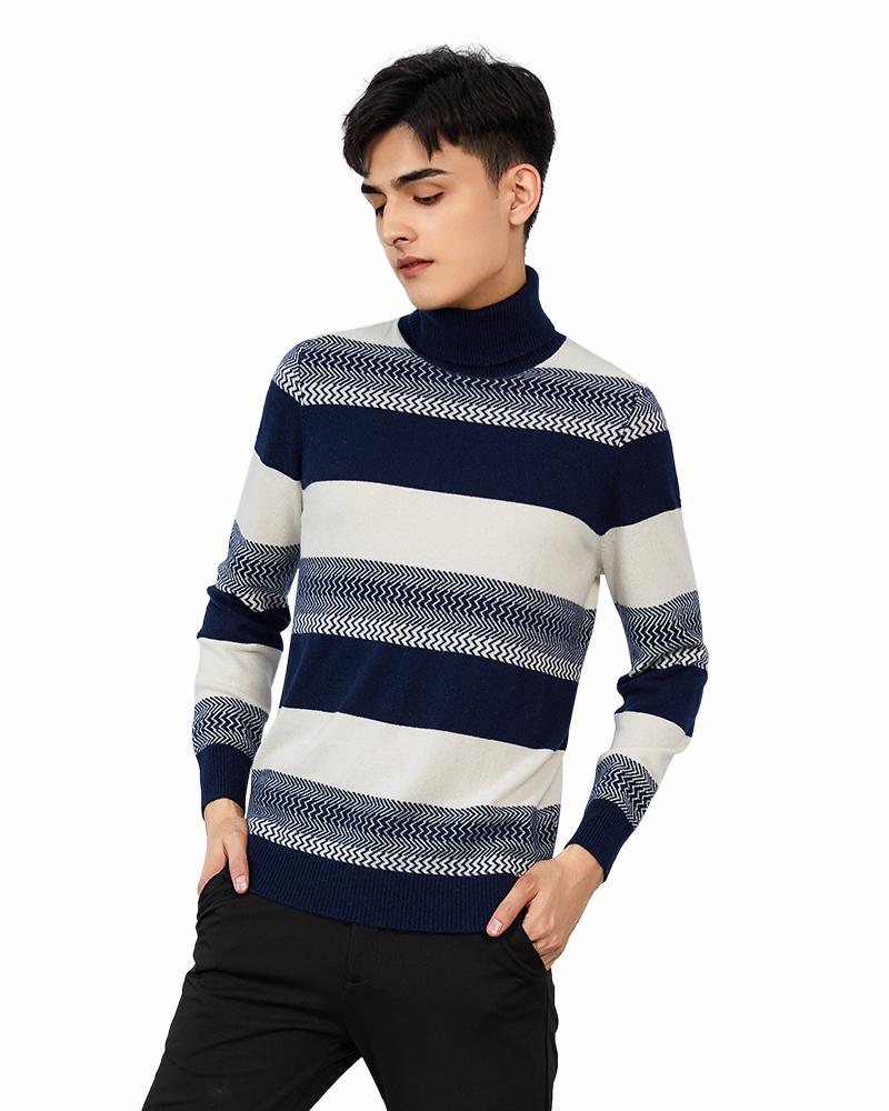 

Zhili Men' 100% Cashmere Knit Block Striped Turtleneck Sweater, Navy blue
