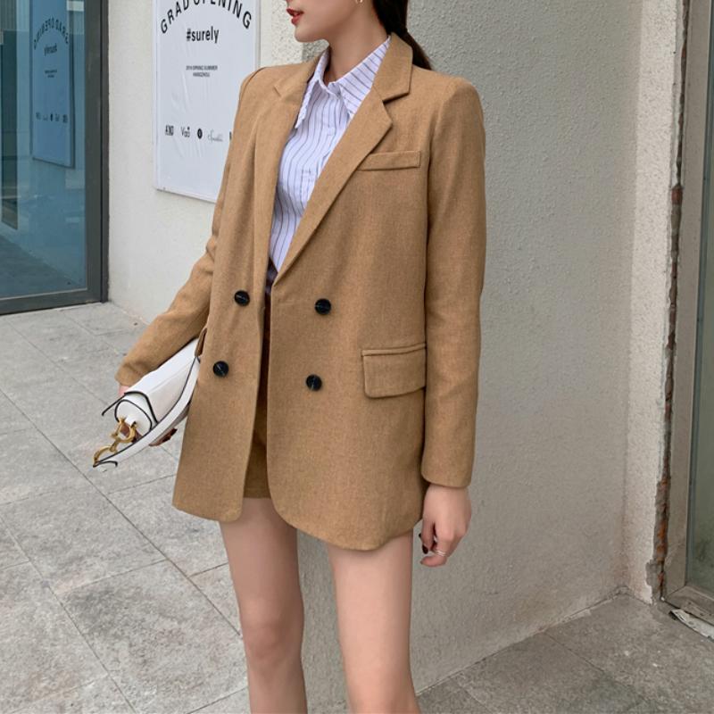 

Spring Summer Casual Long Sleeve Blazer Suits Retro Solid Jacket And Shorts Two Piece Suits 2021 New Office Lady Clothing Sets, Khaki