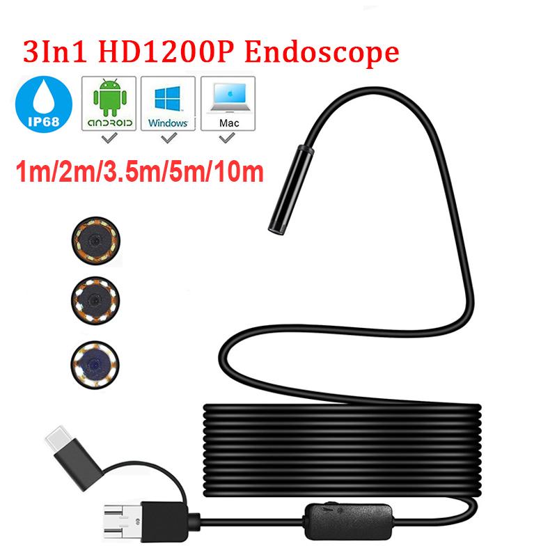 

Mini Camera 3in1 Endoscope HD 1200P 5M Hard Flexible Tube Mirco USB Type-C Borescope Video Inspection for Android Car Endoscope