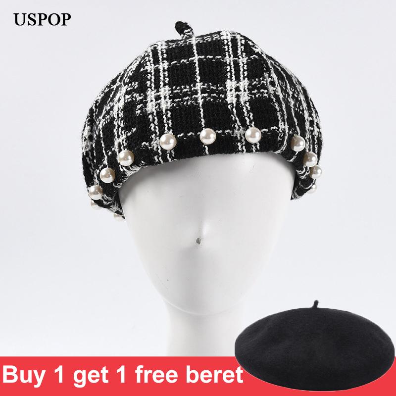 

USPOP 2020 Women berets tweed plaid pearl beret octagonal hats female winter hat, White