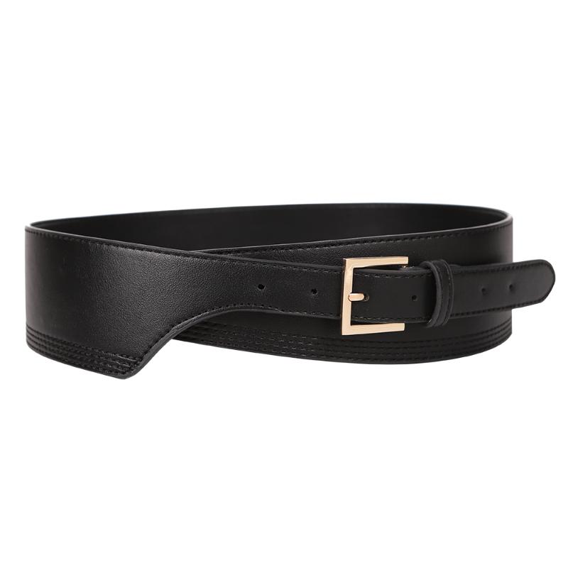 

Fashion Women Leather Belts For wedding soft solid wide Cummerbunds dress coat ceinture femme gold alloy buckle waistband lady, Black