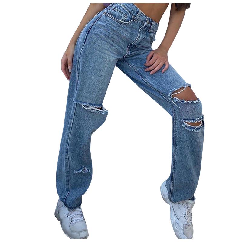 

Spring Women Jeans Button High Waist Pocket Washed Solid Color Casual Denim Trousers Loose Hole Straight Denim Pantaloni#LR3, Blue