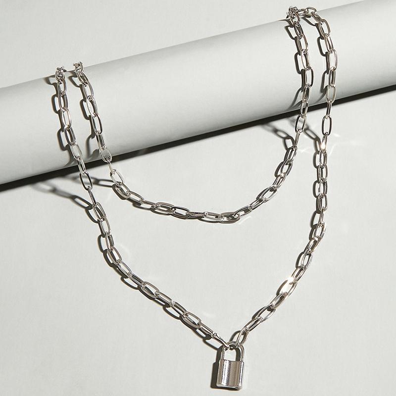 

Fashion Padlock Key Cross Double Layer Lock Chain Necklace Punk Link Chain Pendant Necklace Women Gothic Jewelry