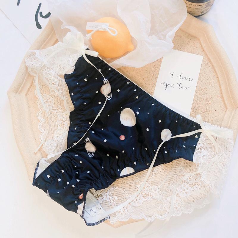 

Korean Style Small Universe Flowers And Fruits Underwear Cute And Sweet Milk Silk Panties Bow Transparent Lace Mid-waist Briefs1