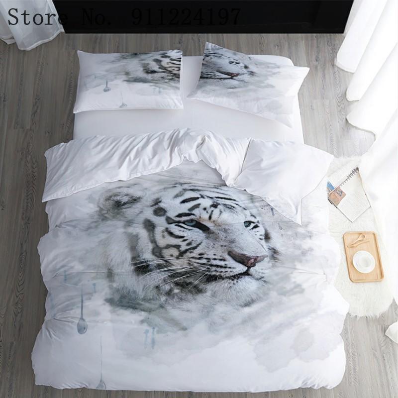 

White Tiger Printing Duvet Cover Comforter 3PCS Bedding Set Boys Girls Bedspreads White Quilt Cover Home Textile Bedclothes, Color-1