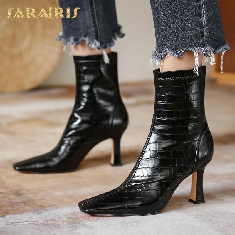 

Sarairis 2021 New Arrivals Mature Elegant Office Shoes Woman Boots Female Stone Print High Heels Top Quality Luxury Boots Ladies, Black