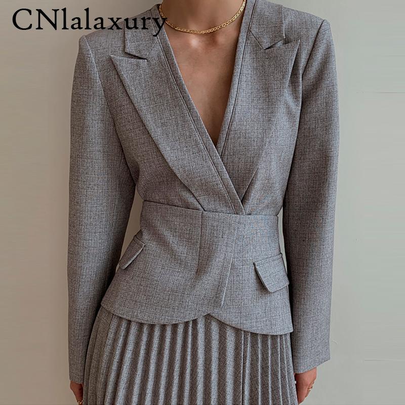 

2021 New Elegant Temperament V Neck Slim Blazer Women Chic Sashes Femme Jacket Long Sleeve All-match Coat Korean Outwear tops, Dark grey