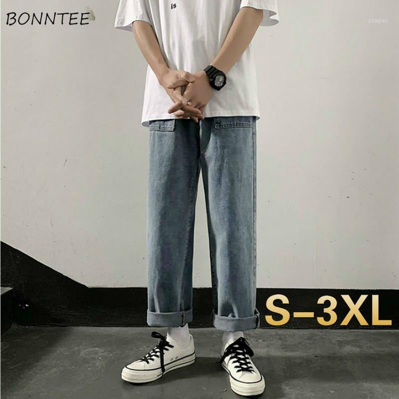 

men jeans retro straight loose Korean-style trendy ankle-length all-match washed denim trousers mens leisure simple street-wear1, Light blue