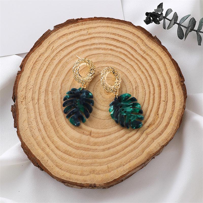 

VIVILADY BOHO Acrylic Green Monstera leaf Women Drop Earrings Luxury Created Alloy Hollow Korean Jewelry BIjoux