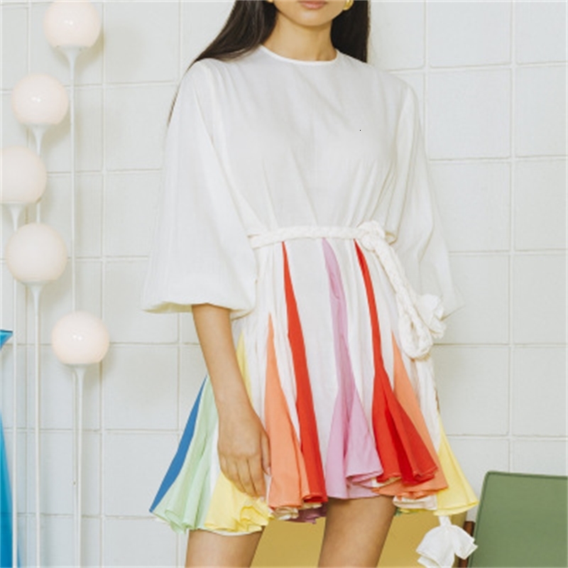 

2021 Beach Woman Dressed in Summer Lantern Mango-neck Slices White Pink Plied Mini Dress for Runway Design Ladies Teyx, Red watermelon