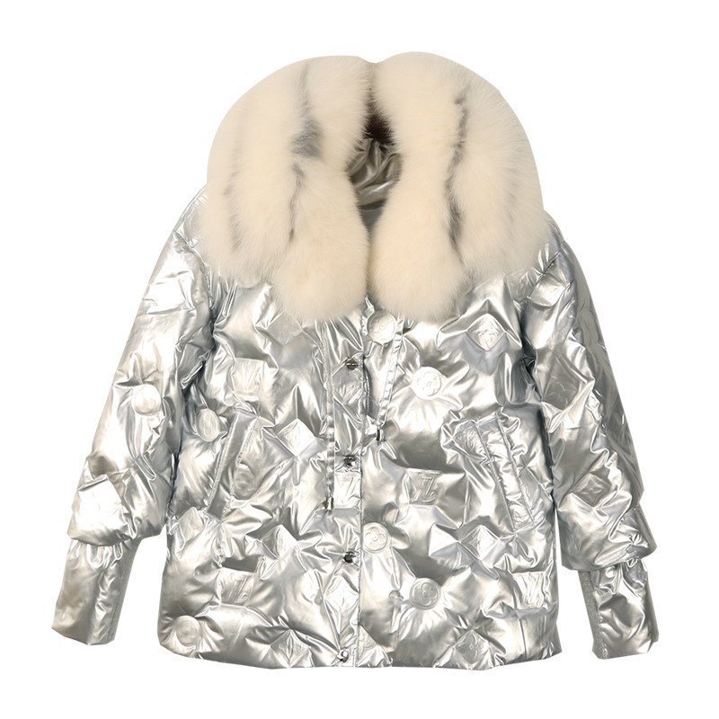 

2021 New high quality winter of women short fashion bright plus size fox skin collar 90 white down jacket, Black