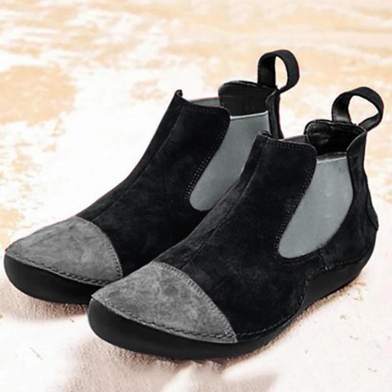 

Comfortable Boots Women Casual Patchwork Flock Flats Round Toe Slip-On Low-heeled Ladies Shoes Ankle Booties Chaussures Femme, Black