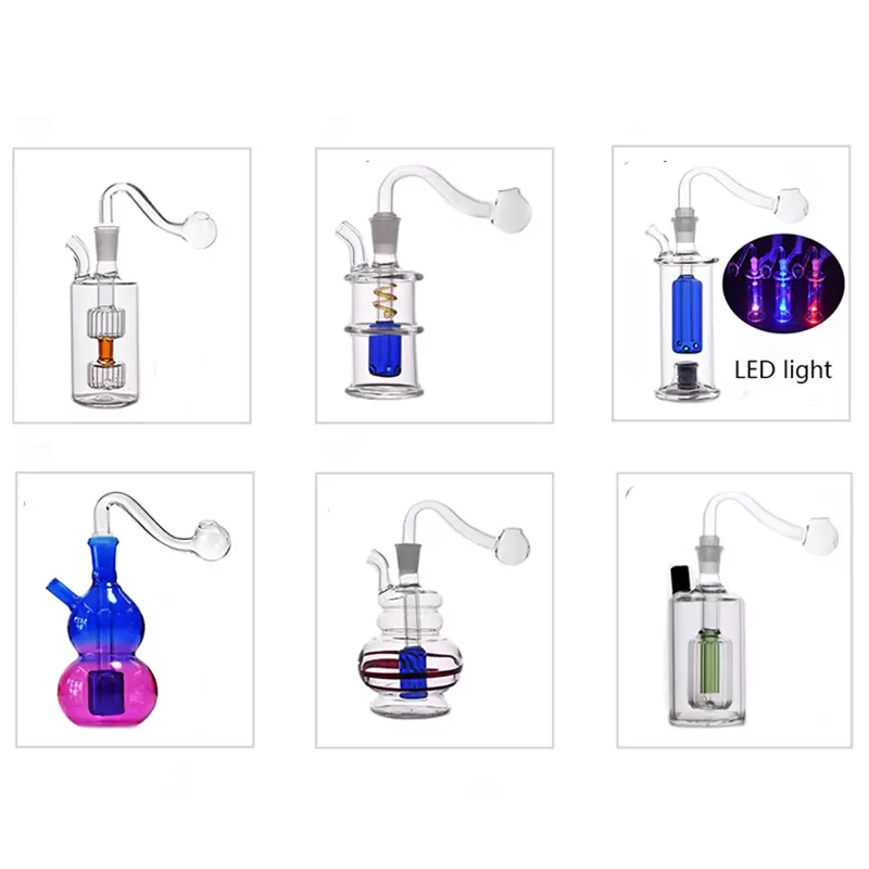 

15 styles glass oil burner Bong LED light Dab Rig recycler bubbler Water ash catcher bongs with male glass oil burner pipe and hose