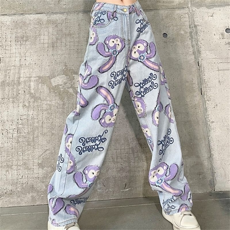 

Woman Jeans High Waist Loose Straight Pants Cartoon Printed Zipper Casual Female Long Trousers large size daddy pants 201223, Blue