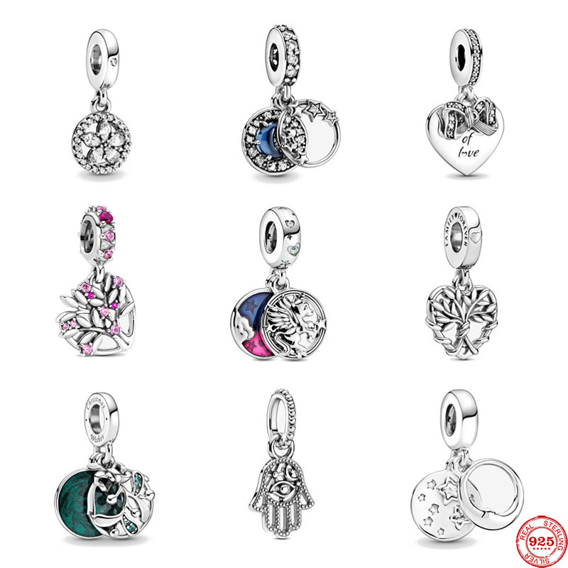 

Authentic 925 Sterling Silver Pink Heart Family Tree Magical Unicorn Double Dangle Beads Fit Original Pandora Charm Bracelet, Golden;silver