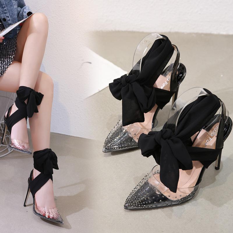 

Brand strappy sandals Clear PVC Crystals heels transparent Women Sandals Summer shoes, Black