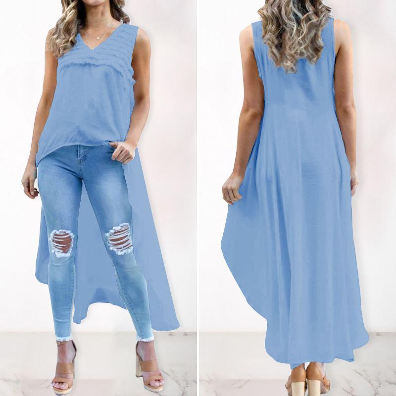 

Celmia Women Long Tops 2020 Fashion Asymmetrical Lace Blouses Sexy Sleeveless Solid Ruffles Shirt Casual Loose Work Blusas Mujer, White