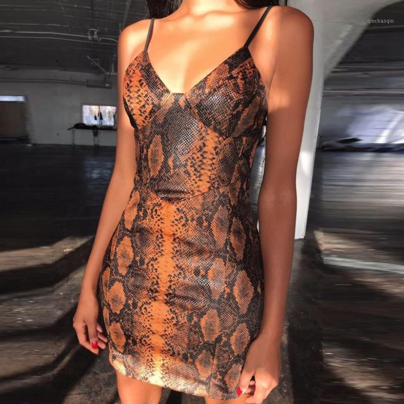 

2020 Women Sexy V-neck Snake Zipper Print Slim dresses Clubnight Strap Mini High Waist Sleeveless Slim Suspender Dress1