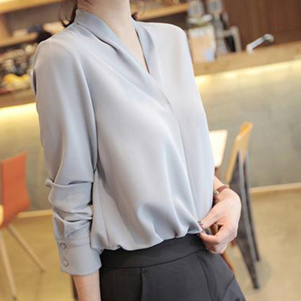 

2021 New Women Chiffon Shirts Elegant Sweet Office Lady Korean Style Blouses Spring Long Sleeve v Neck Loose Designer Causal Tops B7WU, White