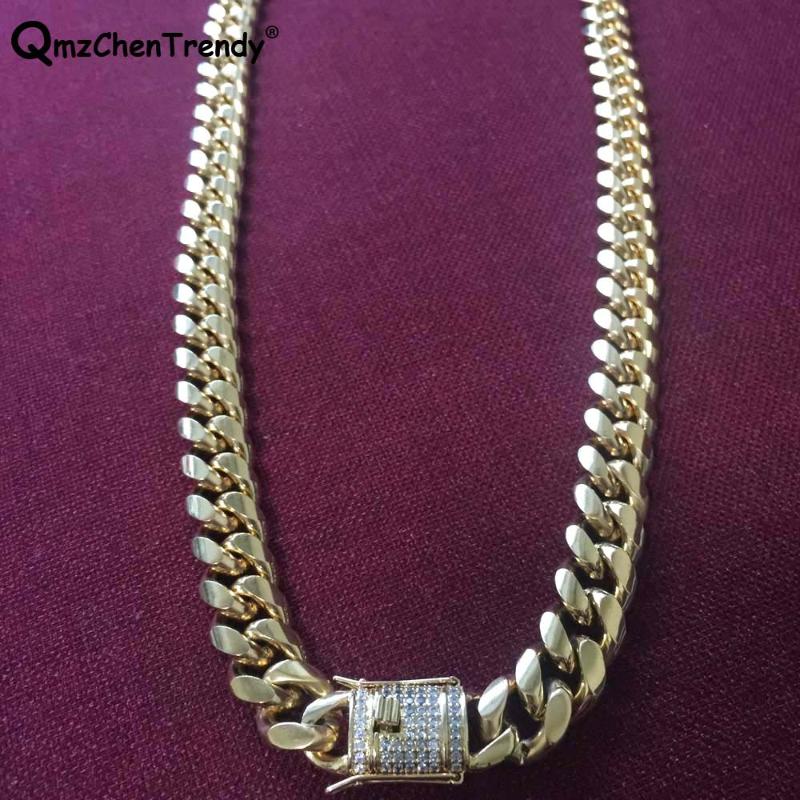

Chains 10MM 14MM Men Cuban Miami Link CZ Necklace Stainless Steel Rhinestone Lock Clasp Iced Out Hip Hop Gold Chain