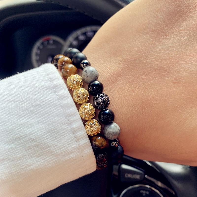 

Luxury Men Bracelet Pave CZ Hollow Ball Charm 8mm Matte & Tiger Eye Stone Beads Bracelet For Men Jewelry Gift