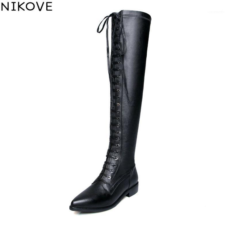 

NIKOVE 2020 Women Boots Stretch Fabric Leather Zipper Over The Knee Boots Winter Shoes Pointed Toe Square Heels Long Shoes 34-421, Black