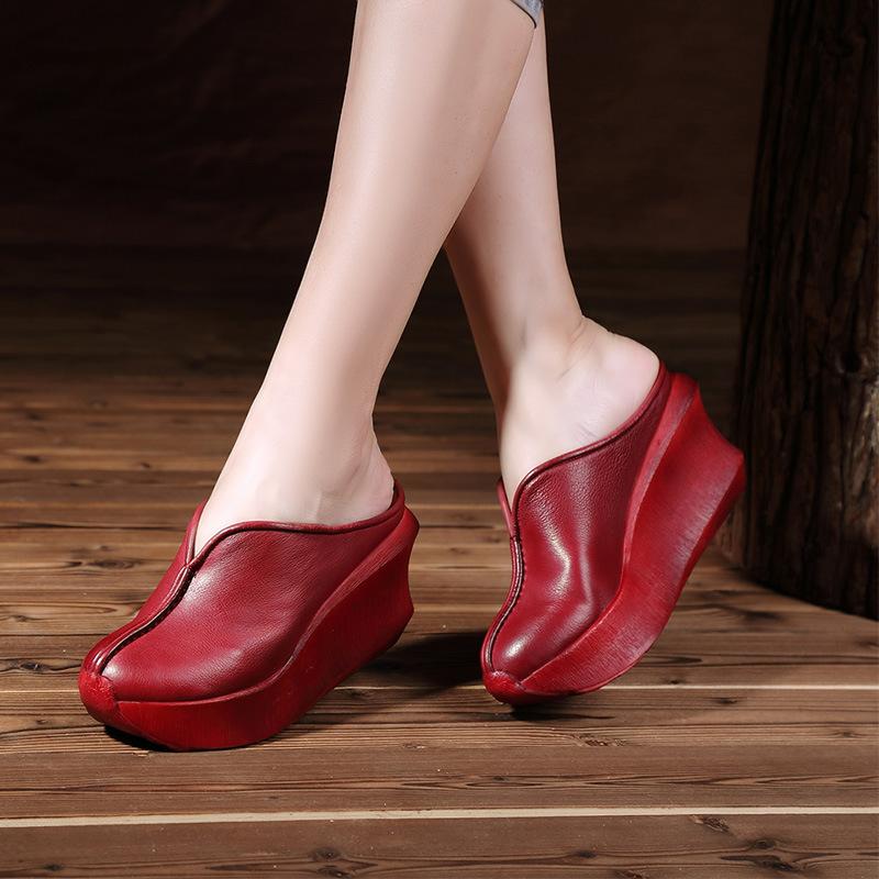 

2020 Spring Summer Women Shoes Vintage Wedges Pumps Ladies Slippers Sandals Leather Shoes Women Thick Bottom Causal, Brown