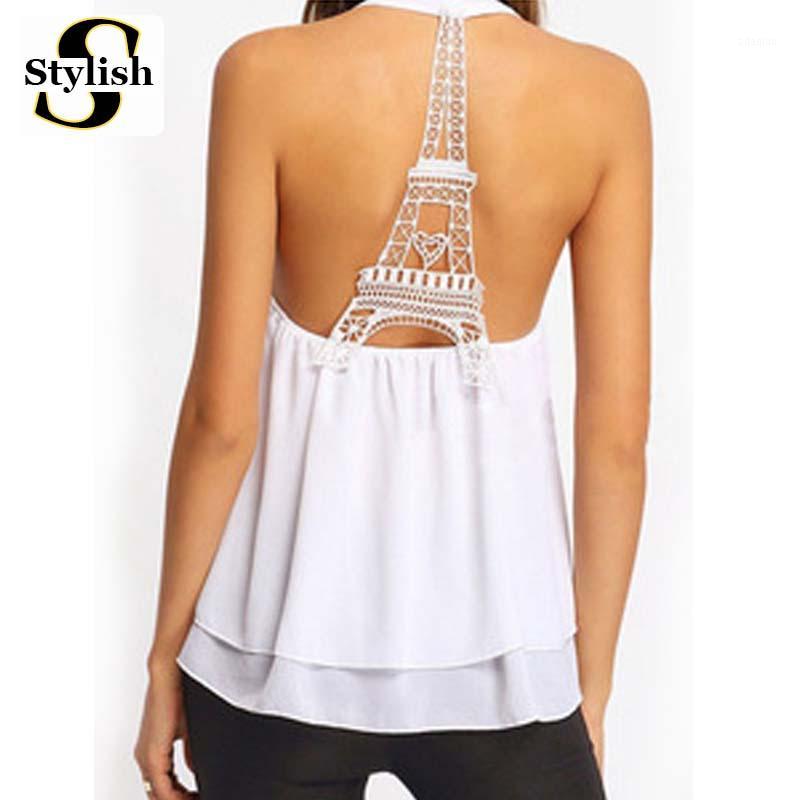 

Wholesale- Tank Tops Sexy Sleeveless Eiffel Tower Backless 2016 Summer Halter Neck Chiffon Camis New Fashion European Ladies Vest Clothing1, Red