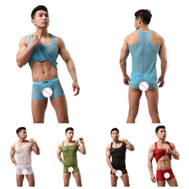 

3Pieces/Lot Mens Mesh Pajamas Sets Men Sexy Underwear Sleep Tops Tshirts Shorts Hollow See Through Transparent Sleepwear Suit, Black