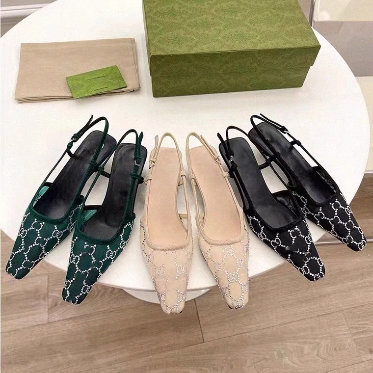 

Fashion Women girls G slingback Sandals pump Aria slingback shoes presented in Black mesh with crystals sparkling motif Back buckle closure