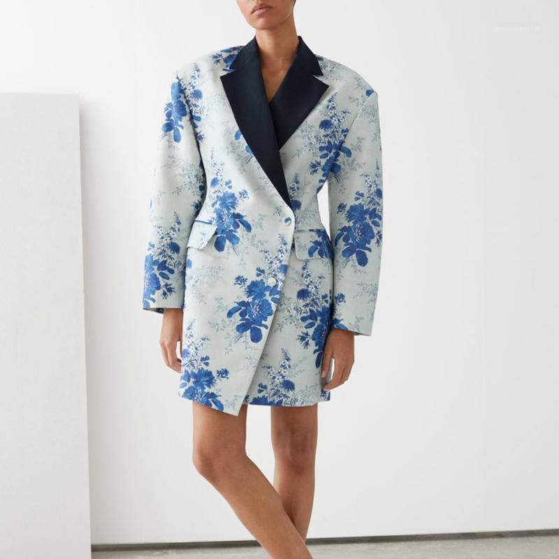 

New Peony print Womens Blazer Coat Loose lady Long Sleeve Slim Mid-length jacket Top Female Outwear Early Autumn1, As pic