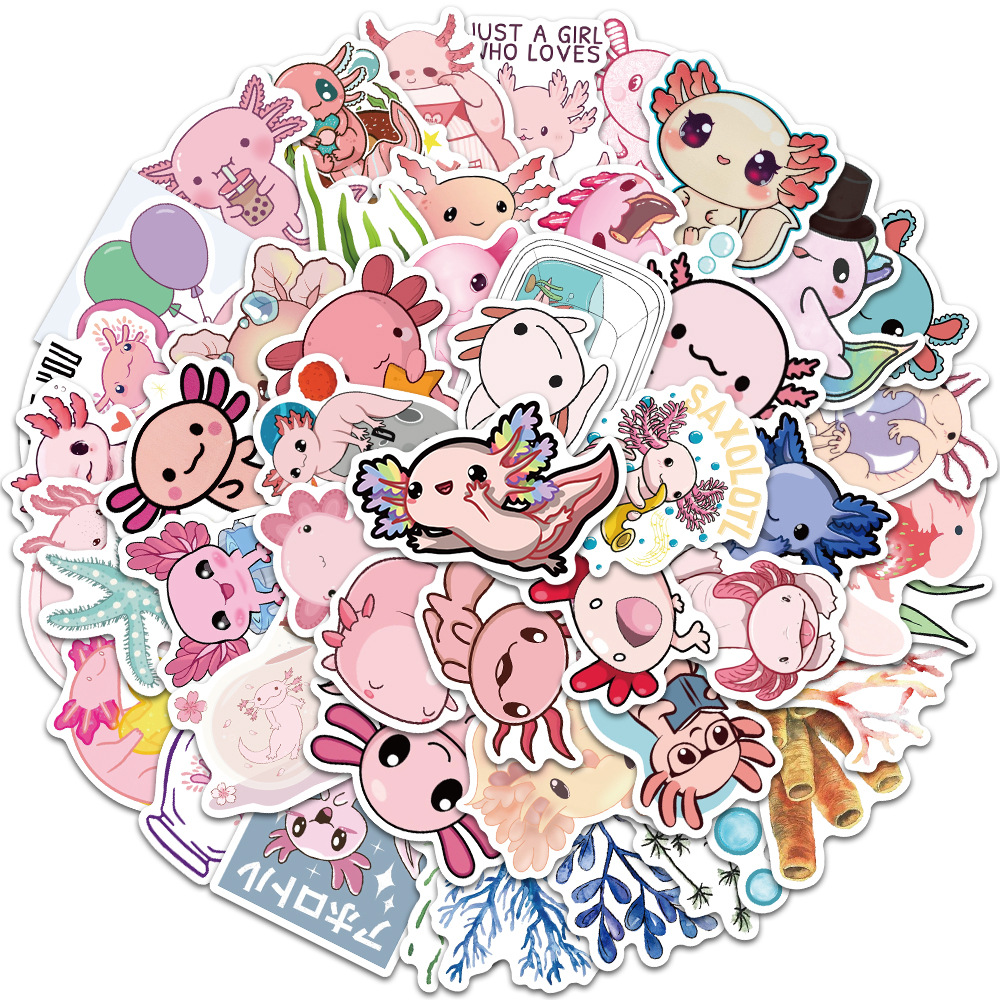 

50pcs/set poster Small waterproof Skateboard stickers Salamander Cartoon Axolot For notebook laptop bottle Helmet car sticker PVC Guitar Decals, Multi colors